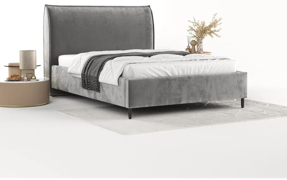 Szare tapicerowane łóżko dwuosobowe ze schowkiem i stelażem 180x200 cm Shell – Maison de Rêve