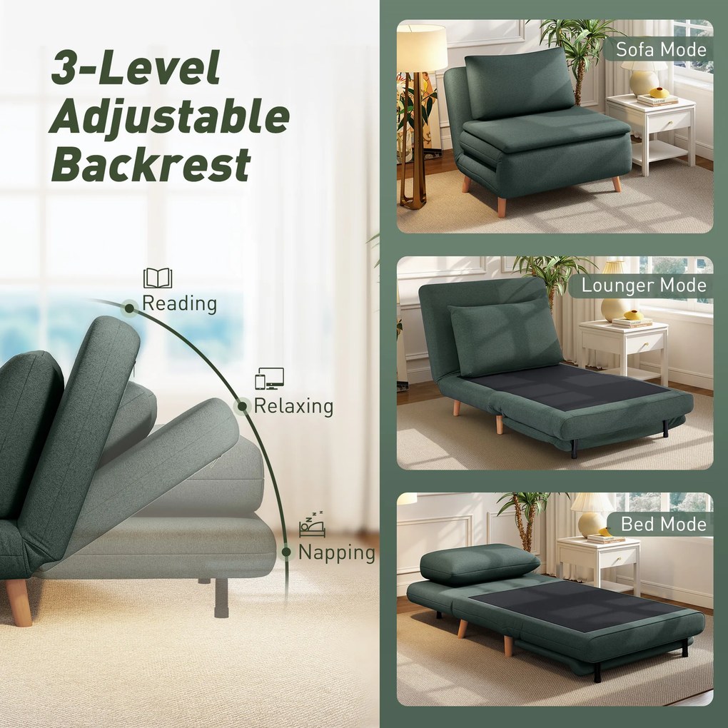HOMCOM Fotel rozkładany 3w1 z funkcją łóżka regulowane oparcie poduszka nogi bukowe ciemnozielony | Aosom PL