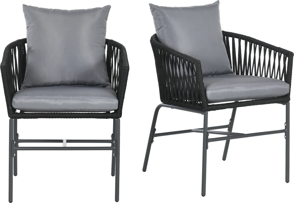 Outsunny Krzesła Ogrodowe, 2 szt., Design Boho, Poduszki na Siedzisko i Oparcie, Wygodna Powierzchnia Siedziska, Rama Metalowa, Czarny
