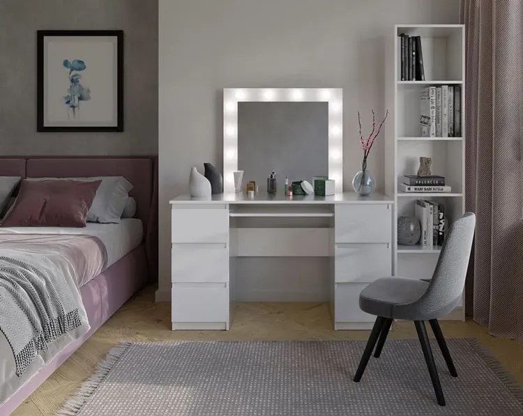 Białe biurko toaletka z szufladami i lustrem scenicznym T7-C33