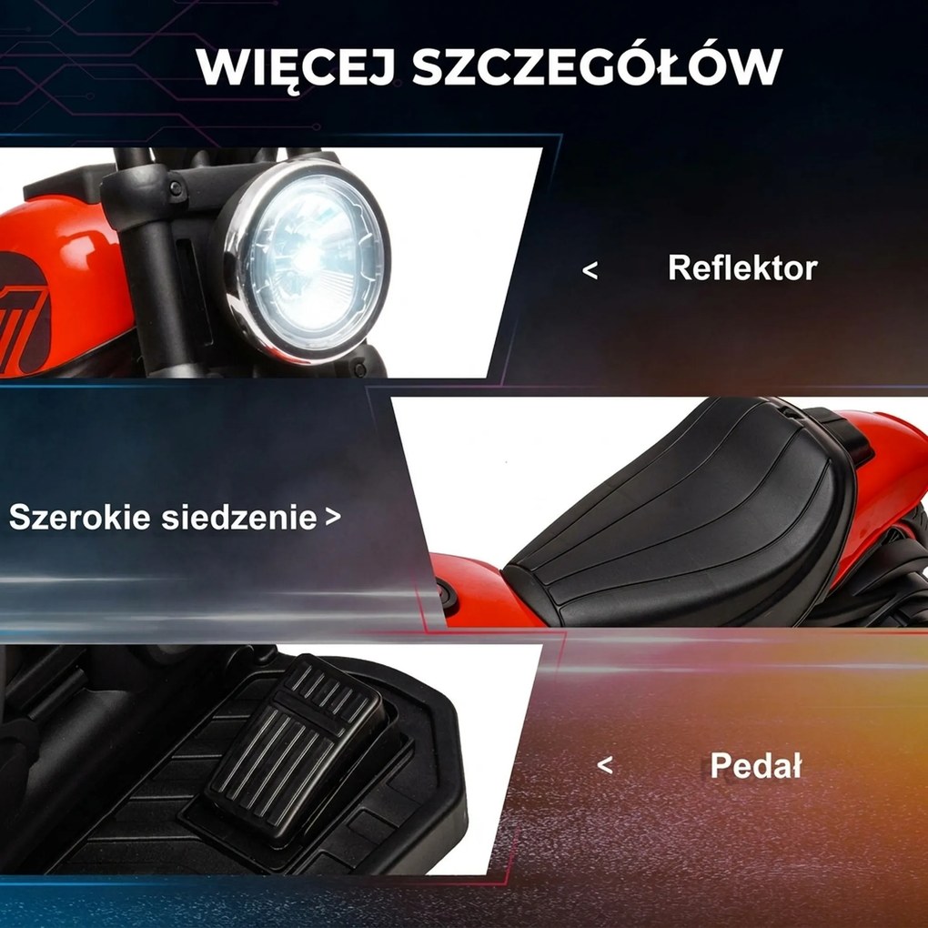 HOMCOM Elektryczny motocykl dla dzieci z reflektorem, demontowalne koła boczne, 76x42x57 cm, Czerwony/Czarny