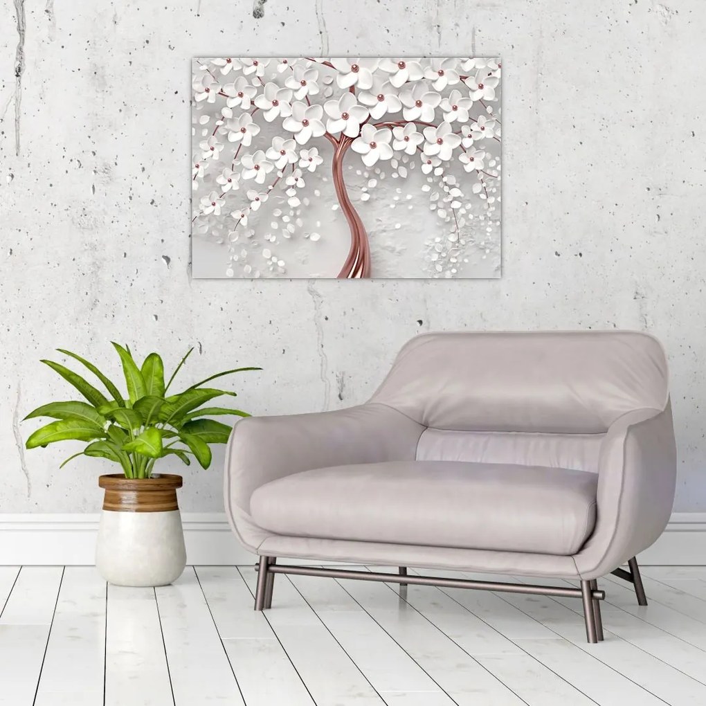 Obraz - Obraz białego drzewa z kwiatami, rosegold (70x50 cm)