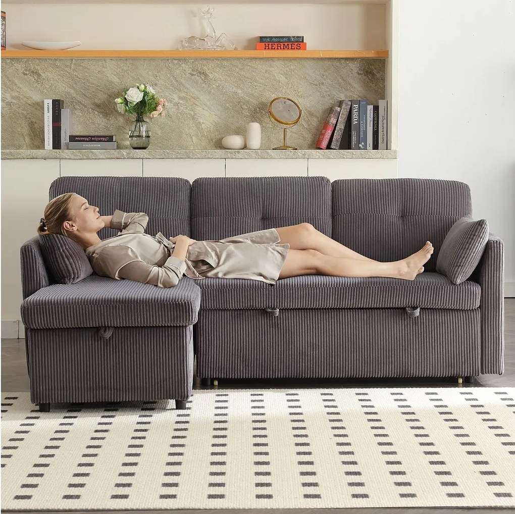 Sofa rozkładana 3-osobowa - 206 x 130 x 88 cm - sofa modułowa - ze schowkiem - aksamitna - szara