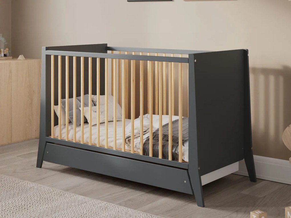 Łóżeczko Cosmo antracyt-sosna 120/60 z szufladą