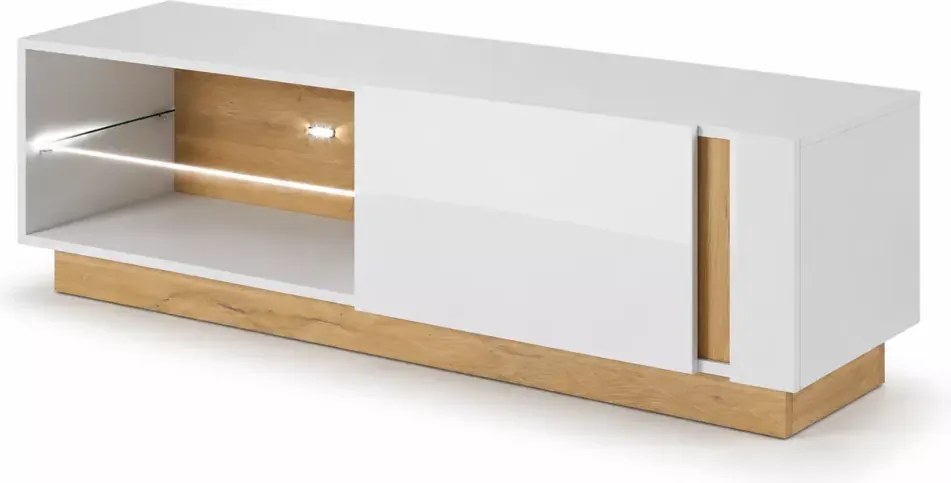 Szafka RTV Ariko 138 cm – w kolorze biały połysk / dąb grandson z przeszkloną półką