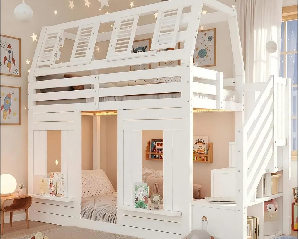 Łóżko na antresoli dla dzieci 90x200cm z LED - Barierki bezpieczeństwa i drabina z pojemnikami - MDF + Drewno lite - Biały​ (bez materaca)