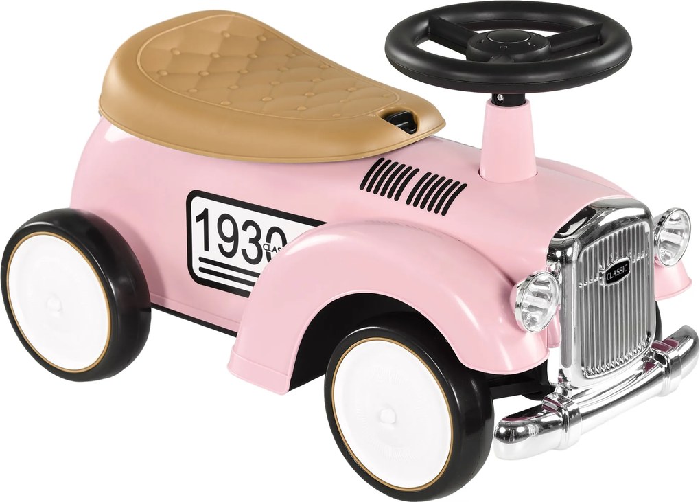 AIYAPLAY Dziecięcy pojazd do zjeżdżania, styl vintage, ukryty schowek, zabezpieczenie przed przewróceniem, klakson, 12-36 miesięcy, Różowy