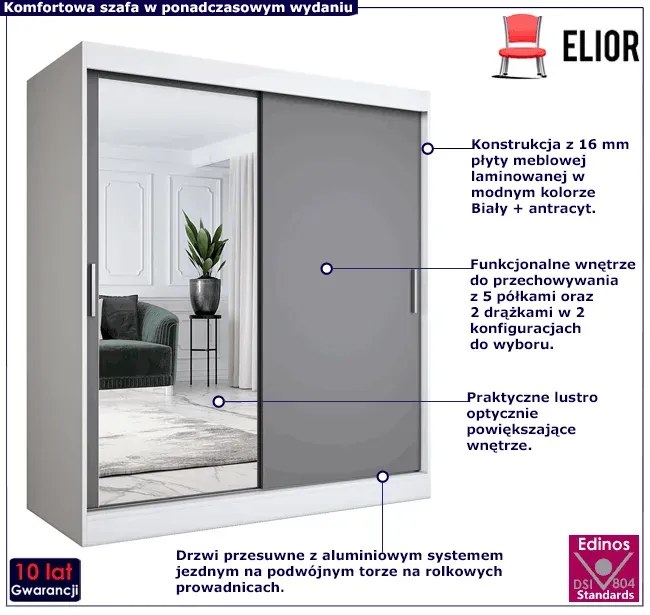Szafa przesuwna biały + antracyt 180 cm - Seko 5X