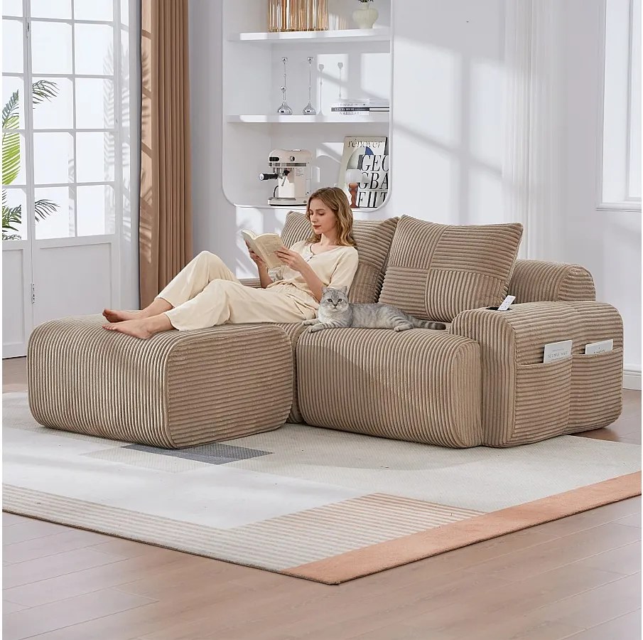 Sofa modułowa 2-osobowa - 200 x 174 x 80 cm - z 1 pufem + uchwytem na kubek + kieszenią do przechowywania - aksamit - khaki