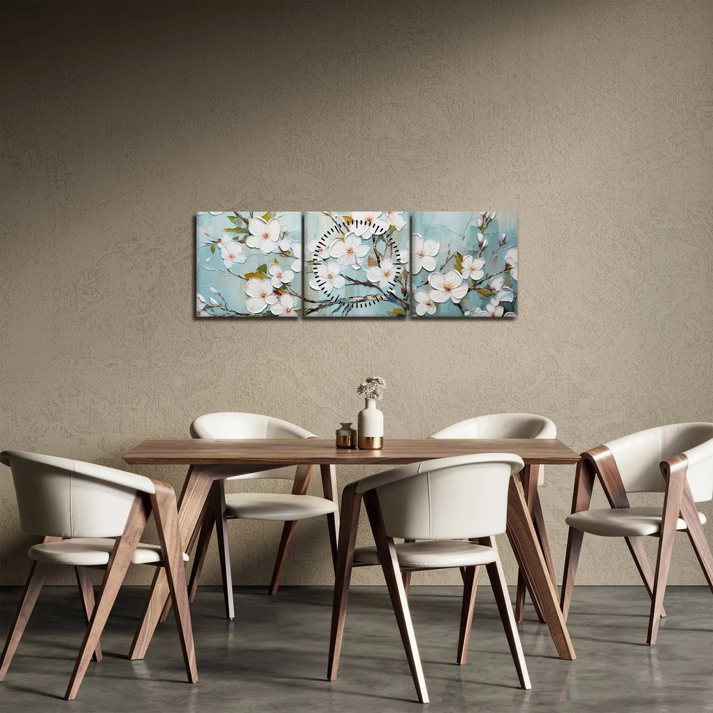 Obraz - Malowanie, kwitnące gałęzie drzew (z zegarem) (90x30 cm)