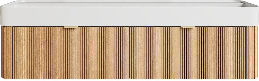 Wisząca szafka łazienkowa z prążkowanego drewna jesionowego z podwójną umywalką podblatową do zabudowy – Jasny naturalny – 150 cm – BULMAS