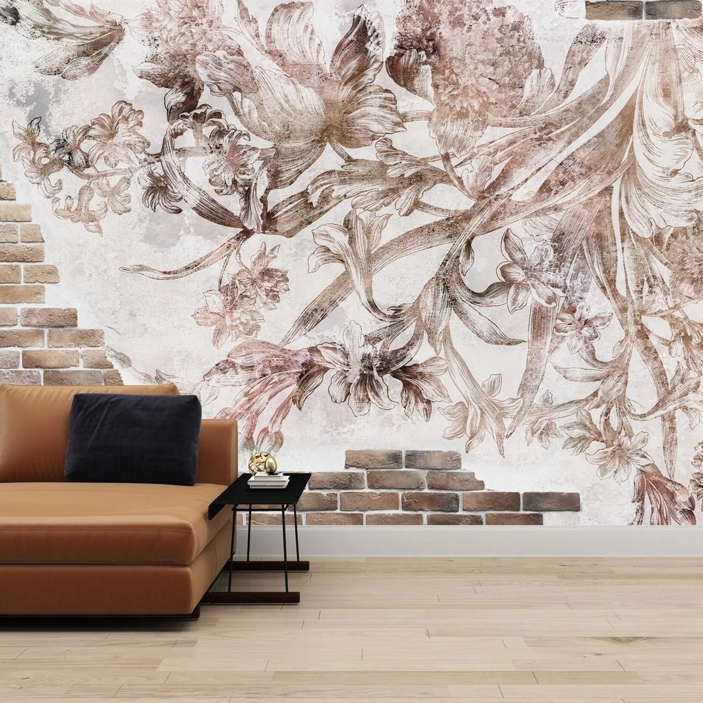 Fototapeta - Kwiatowy fresk na ceglanej ścianie (196x136 cm)