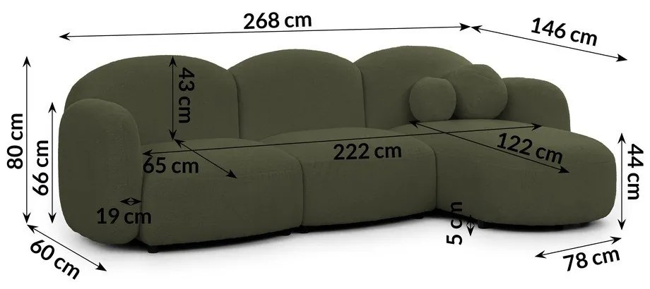 Zielony narożnik z materiału bouclé (prawostronny/z szezlongiem) Orbit – Ropez