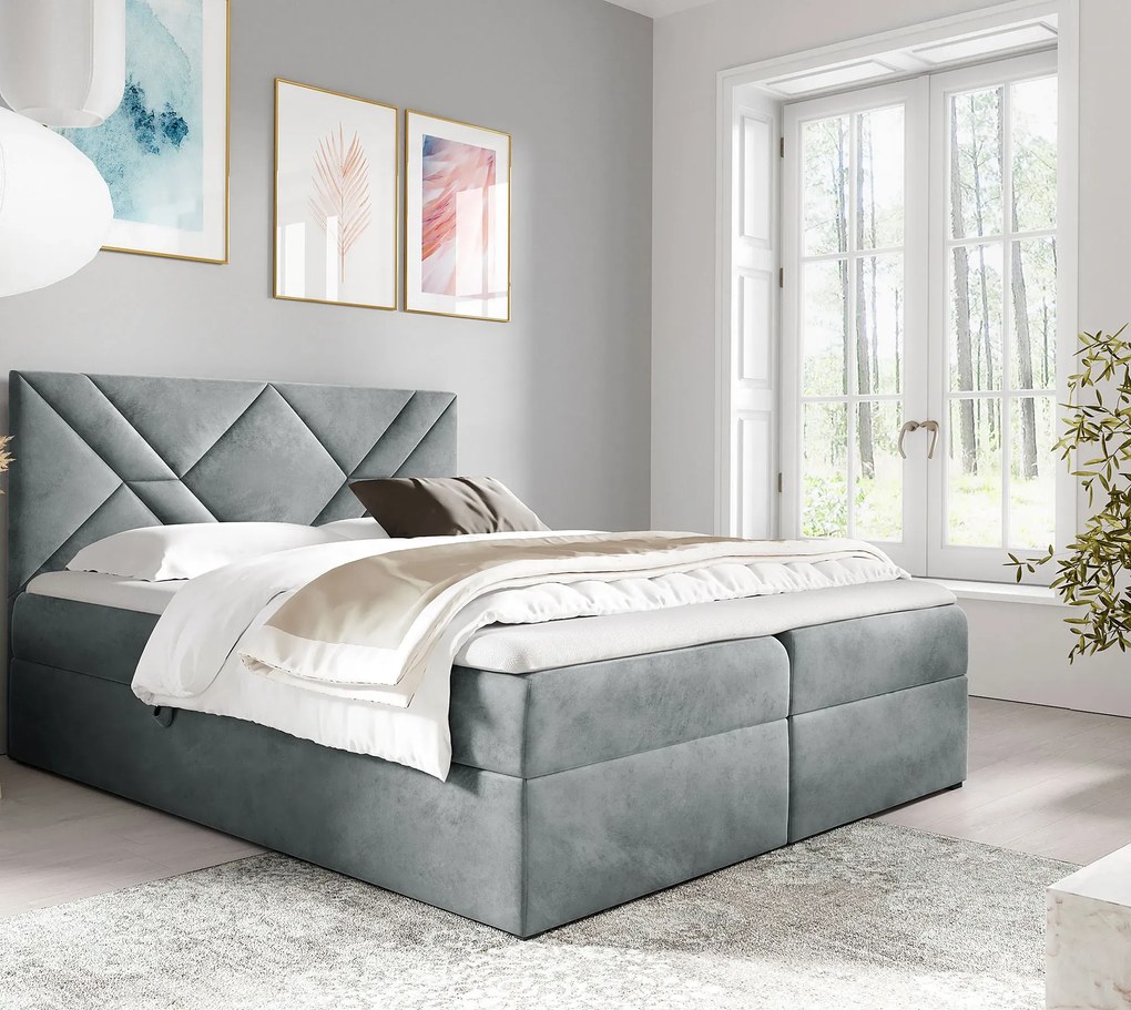 Szare łóżko kontynentalne z zagłówkiem 5 rozmiarów - Velvaro