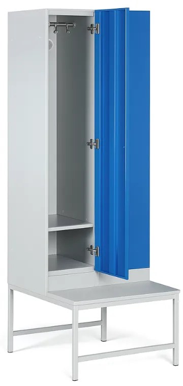 Szafka ubraniowa S1 z ławką, 2-drzwiowa, 1875 x 600 x 500/800 mm, demontaż, zamek cylindryczny, drzwi niebieskie