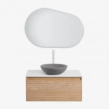 Zestaw Wiszących Mebli Łazienkowych Z Drewna Jesionowego Tedrik Popielaty Brąz & Okrągły Szary Cement Ø40 Cm - Sklum