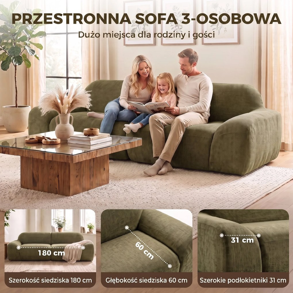 HOMCOM Sofa 3-osobowa, zaokrąglona i bezramowa, z przestronnym siedziskiem, grubo tapicerowana, bez montażu, Ciemnozielony | Aosom PL
