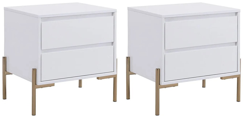 Zestaw 2 szafek nocnych z 2 szufladami - MDF i metal - Biały lakierowany i złoty - KORASA Pascala Morabito