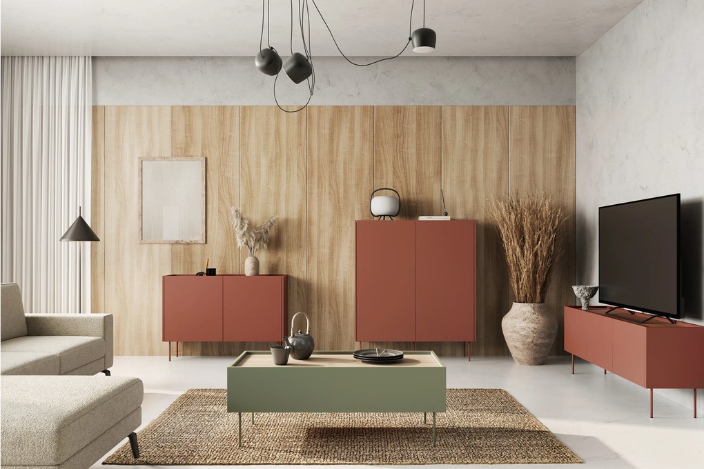 Stolik kawowy Desin 120 cm z szufladami i metalowymi nogami - oliwka / dąb nagano