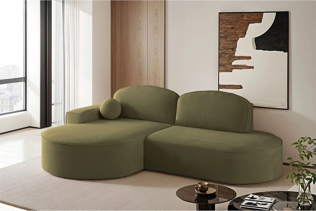 Narożnik z funkcją spania i pojemnikiem Modena Runden, tkanina Salvador, Oliwkowy, Lewy