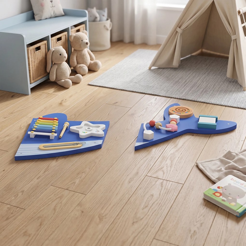 AIYAPLAY Montessori deska motoryczna 13-w-1 drewniana tablica aktywności w kształcie wieloryba montowana na ścianie z ksylofonem i zegarem oraz zębatkami | Aosom PL