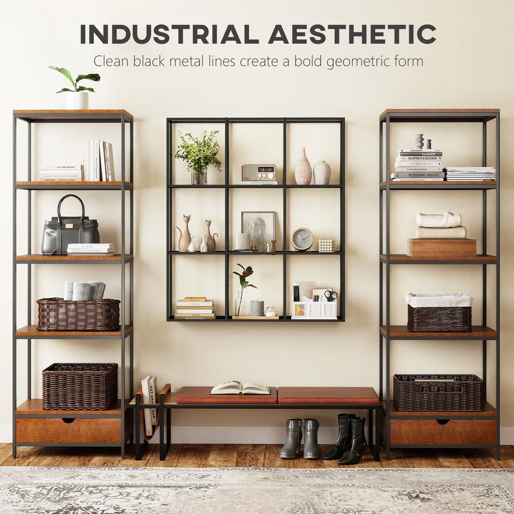 HOMCOM Industrialny Wiszący Regał z 9 Przegrodami, Metalowy Regał na Kolekcje, Idealny do Dekoracji Wnętrz, Czarny | Aosom PL