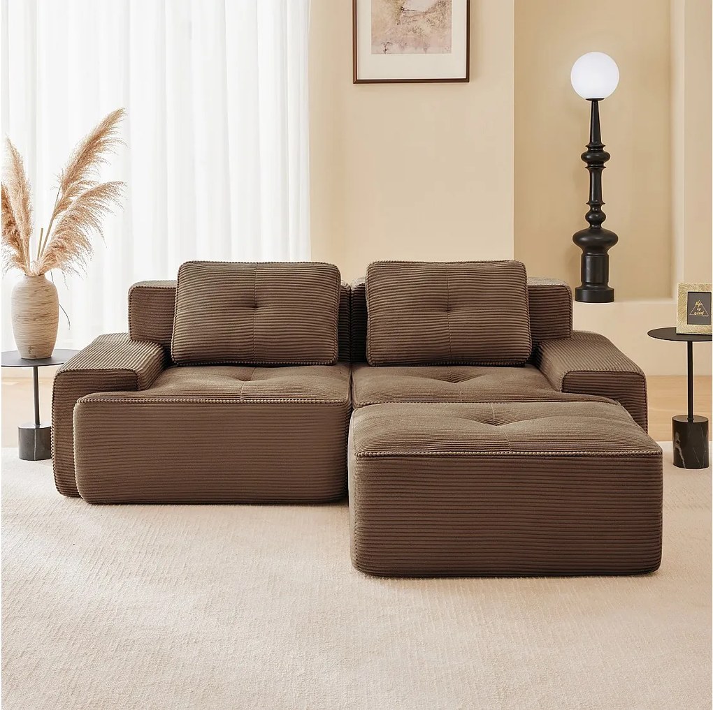 Modułowa Sofa 2-osobowa w Welurze żebrowanym, z pufą i 2 poduszkami, 204x177x69cm, Brązowy