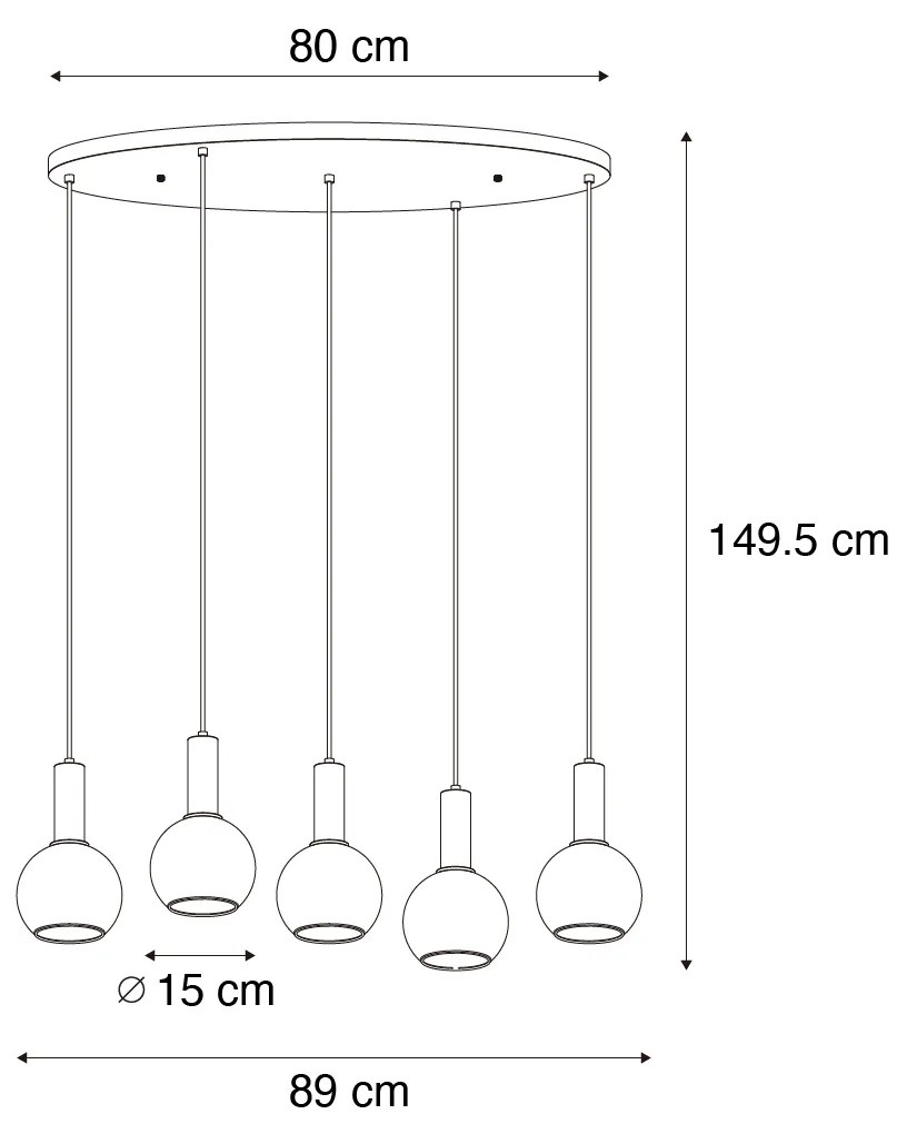 Lampa wisząca Art Deco czarna z owalnym 5-punktowym dymionym szkłem - Josje ArtDeco Oswietlenie wewnetrzne