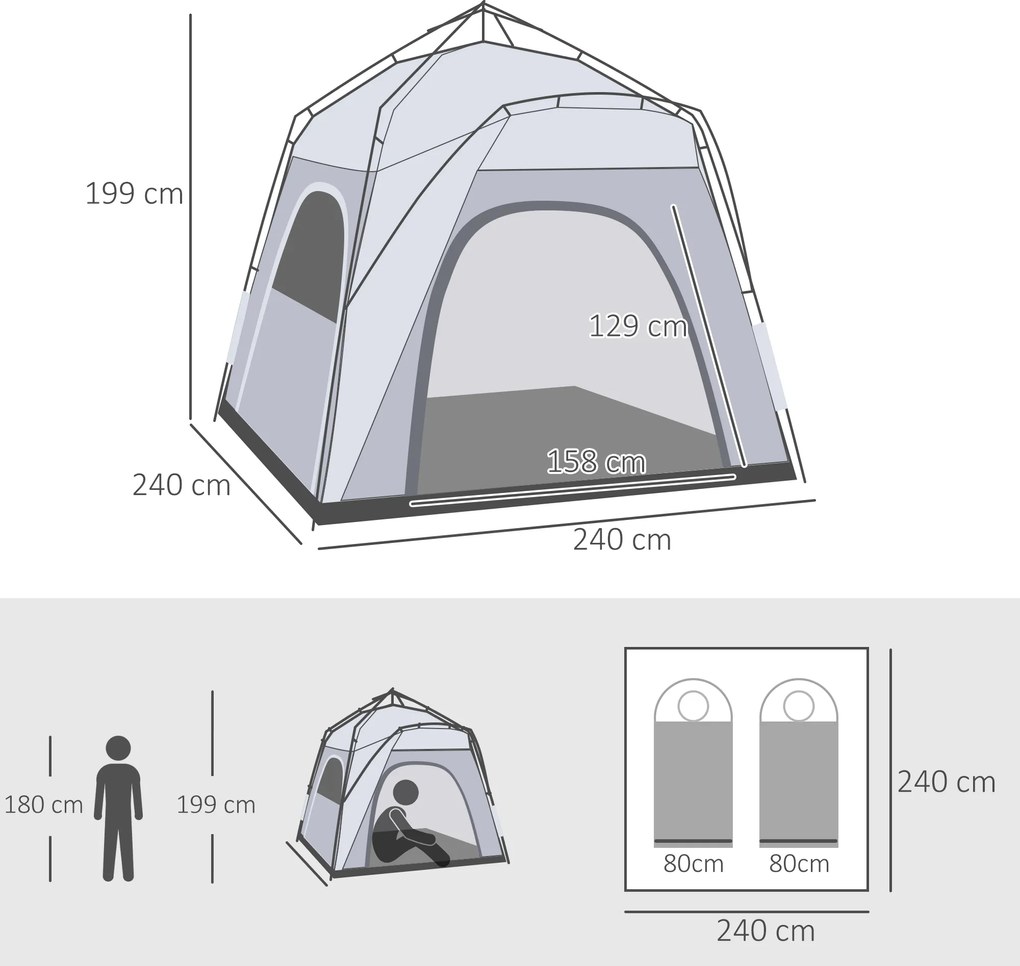 Outsunny Pop Up Namiot kopułowy dla 4 osób lekki, stabilny wodoodporny UV 50+ z drzwiami i oknami, plandeka