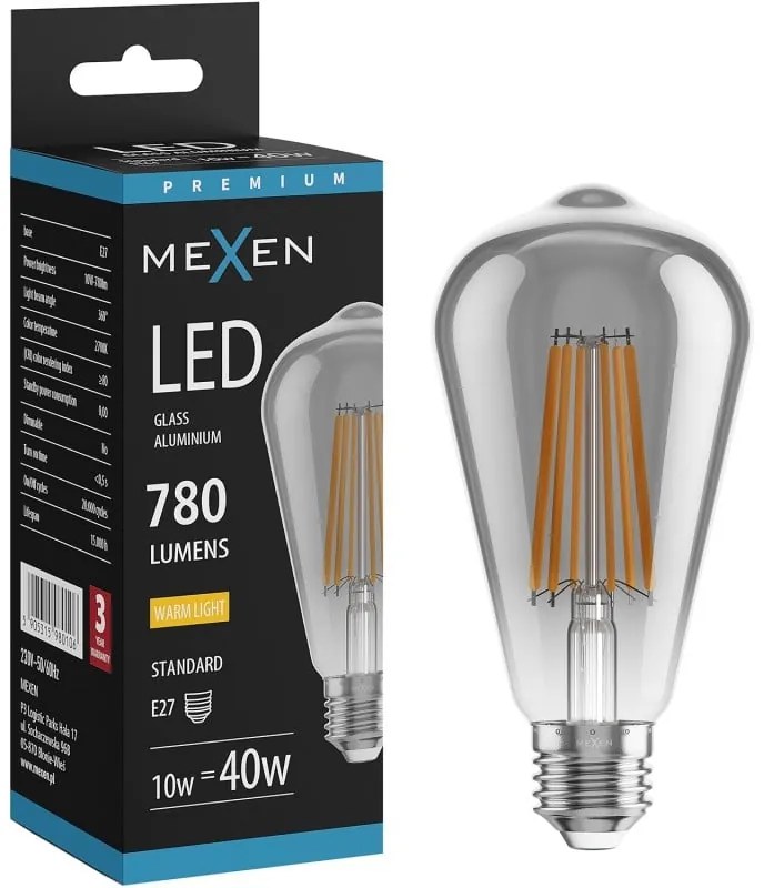 Mexen Vintis żarówka filament LED E27, ST64, 10W, Ciepła - 2700K, 780 lm, smoke - L152-E27-1027-70