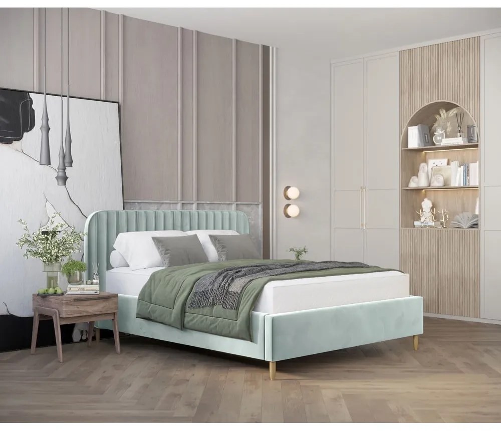 Miętowe tapicerowane łóżko dwuosobowe ze schowkiem i stelażem 180x200 cm Noto – Maison de Rêve