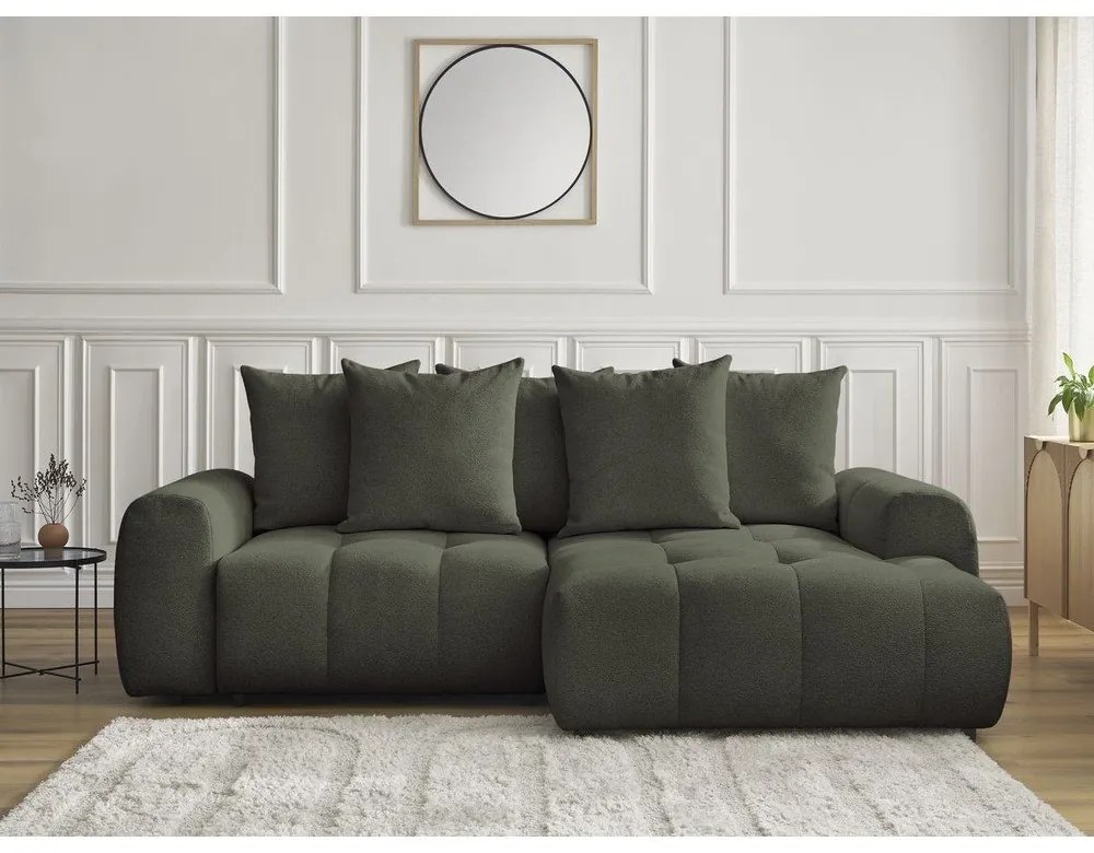 Rozkładany/ze schowkiem narożnik z tkaniny szenilowej (prawostronny/z szezlongiem) w kolorze khaki Roxelane – Bobochic Paris