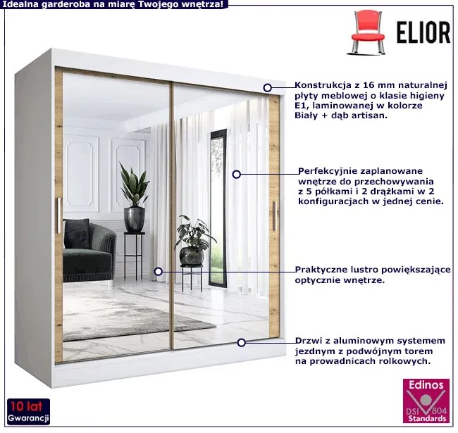 Szafa przesuwna z lustrem biel + dąb artisan180 cm M1-K74
