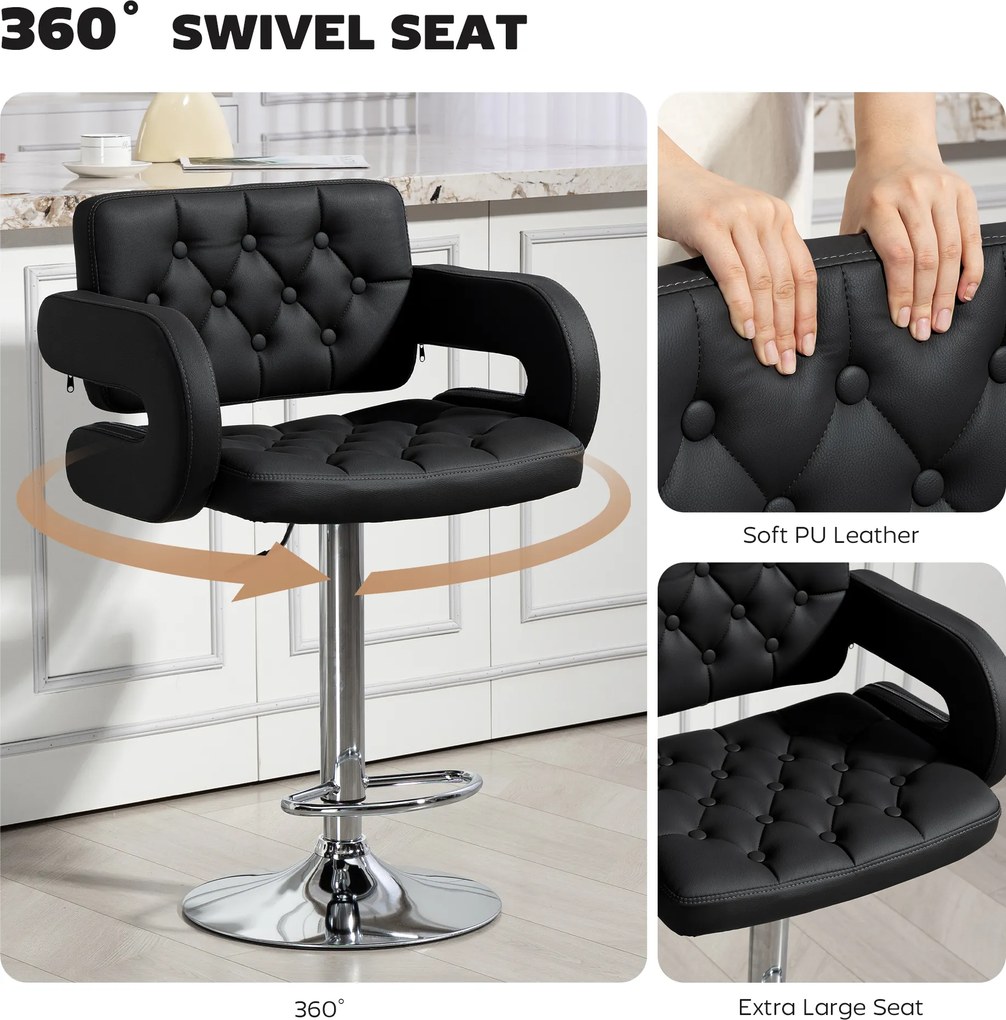 HOMCOM Hoker barowy, regulowany, obrotowy 360°, z metalowym stelażem, oparciem, podnóżkiem, 61x50x93-113 cm, czarny | Aosom PL