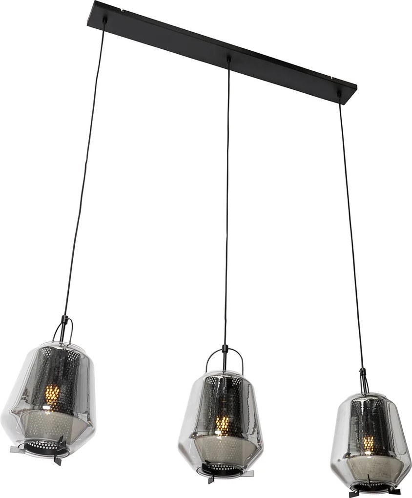 Lampa wisząca czarna z przydymionym szkłem 23 cm owalna 3-światłowa - Kevin