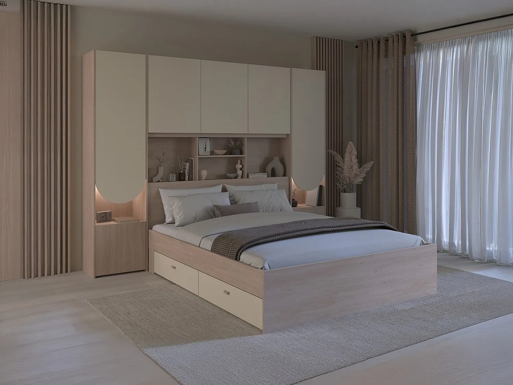 Łóżko z antresolą 140 x 190 cm ze schowkiem - Z oświetleniem LED - Kolor: Beżowy i naturalny + Stelaż + Materac - DOMELITO