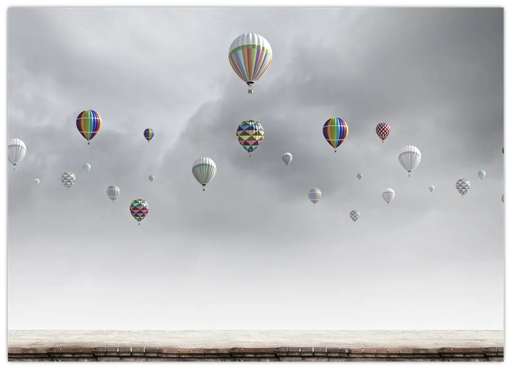 Obraz na szkle - Balony nad ceglaną ścianą (70x50 cm)