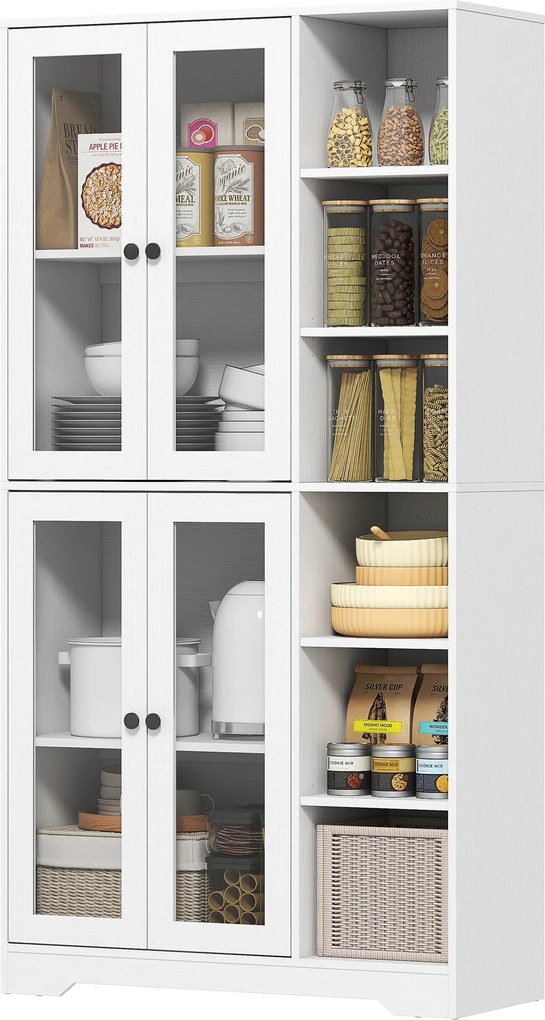 HOMCOM Szafka kuchenna z drzwiami szklanymi, półki, otwarte przegrody, 172 cm, MDF, Biały
