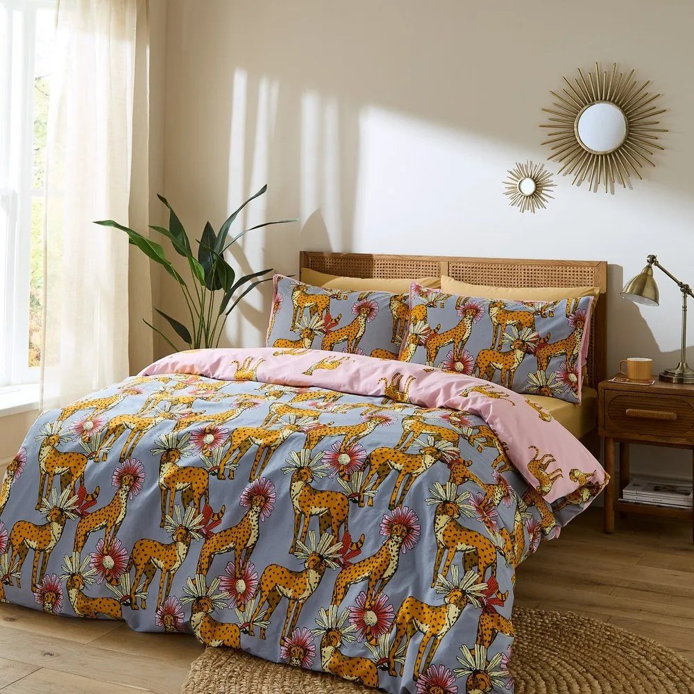 Różowo-szara bawełniana pościel dwuosobowa 200x200 cm Untamed Cheetah – Their Nibs