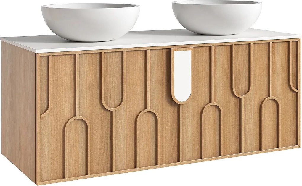 Wiszaca szafka łazienkowa teksturowana z podwójną okrągłą umywalką nablatową z materiału solid surface - Jasny naturalny - szer. 120 cm - MERKAN
