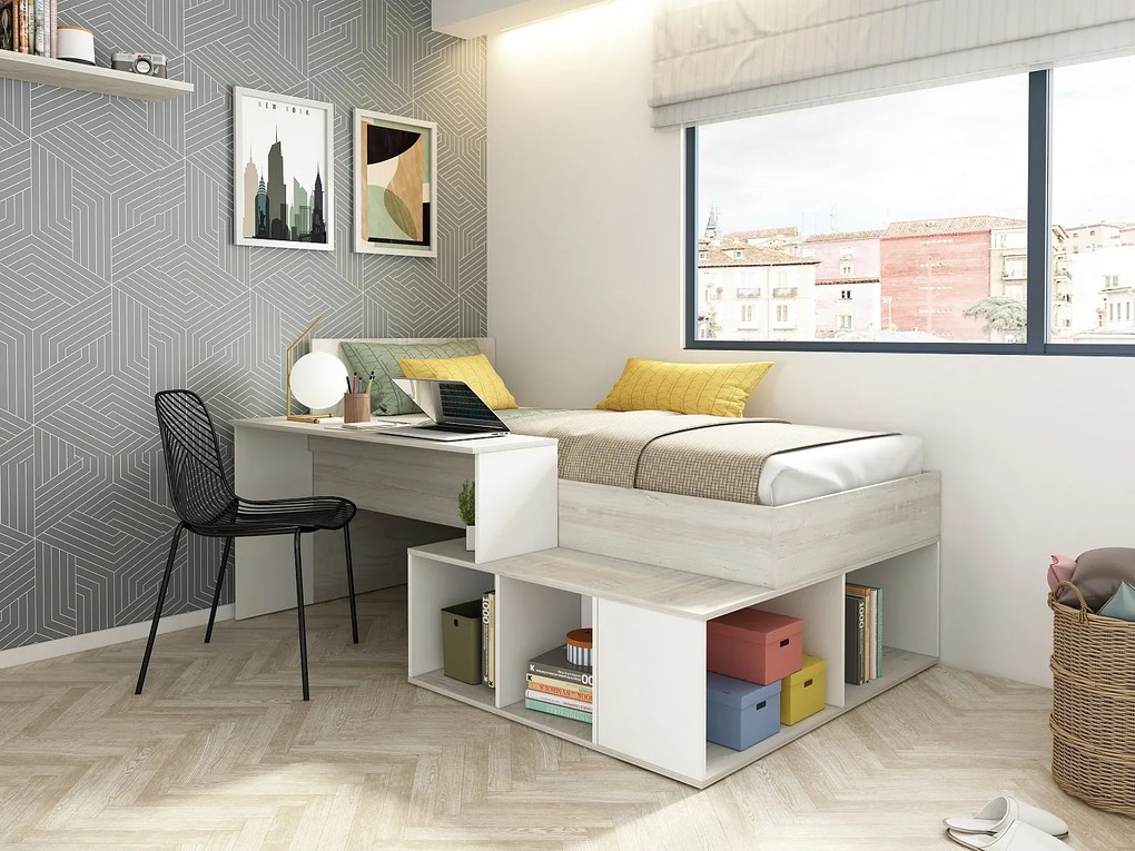 Łóżko piętrowe 90 x 200 cm ze skrzynią i i biurkiem - Kolory: Naturalny i Biały - RIGALI