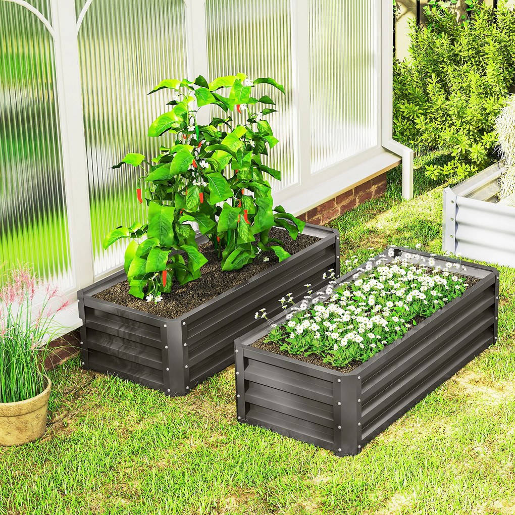 Outsunny Metalowe podwyższane grządki 2 sztuki otwarte dno do ogrodu i na balkon 110x50x30 cm ciemnoszare | Aosom PL