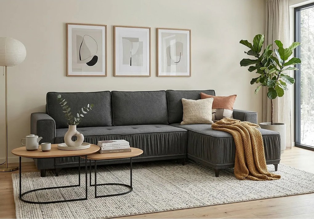 Elegancki narożnik prawostronny rozkładany VIKI 238x143cm, w tkaninie MONOLITH  92 szarej