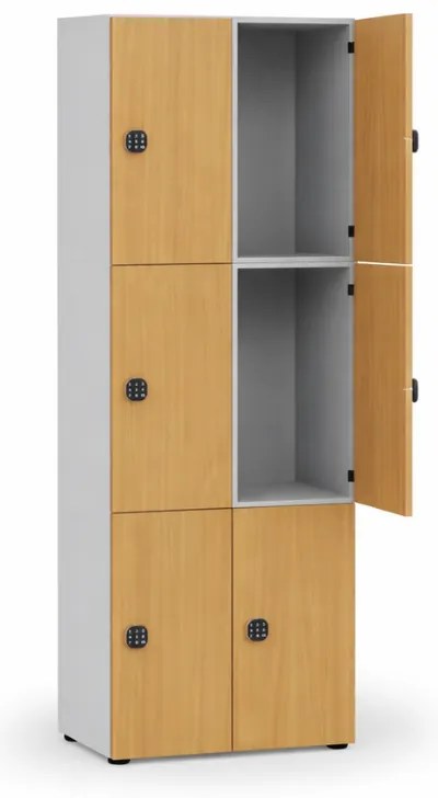 Drewniana szafka skrytkowa S4, 6 schowków, demontaż, zamek kodowy, szary/dąb naturalny