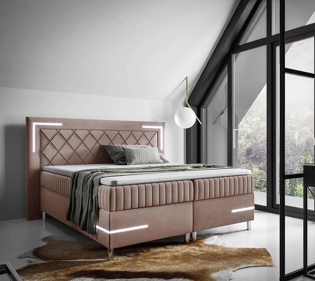 Różowe łóżko kontynentalne z oświetleniem LED 5 rozmiarów T0-B96