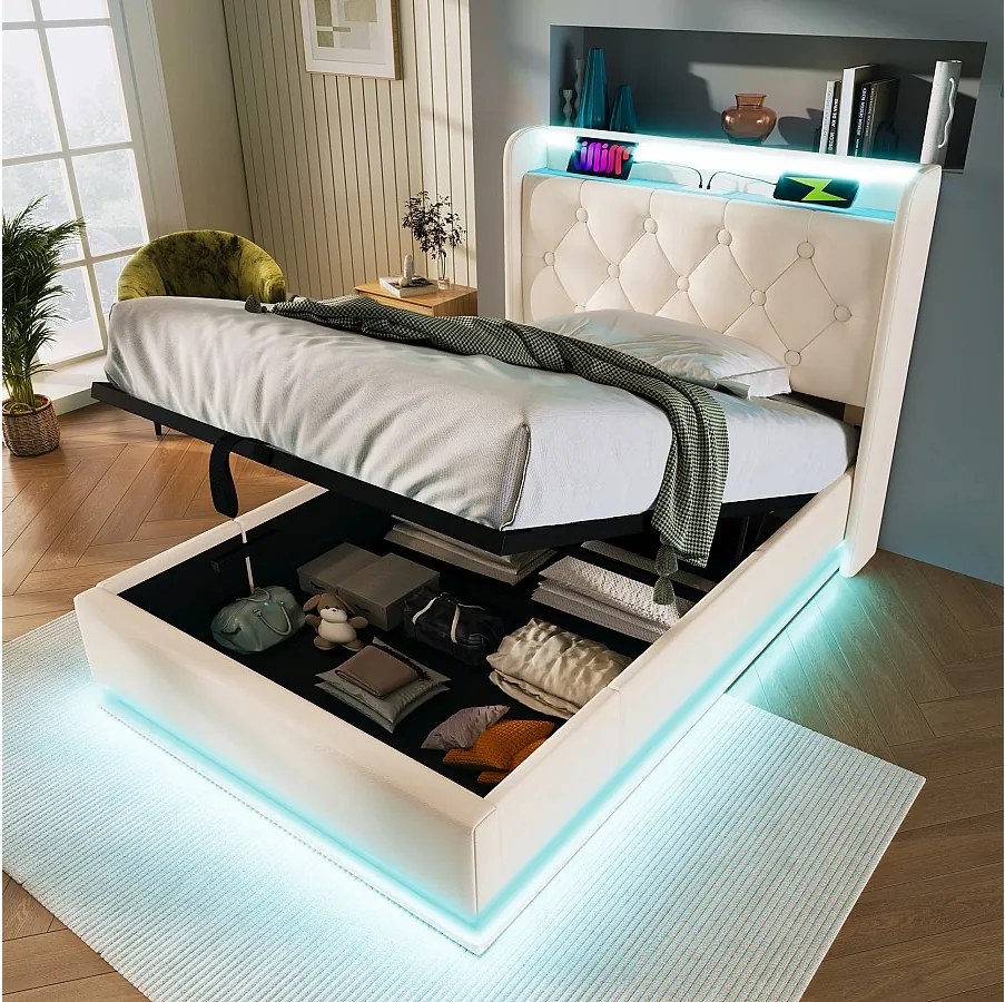 Łóżko z pojemnikiem 90x200 cm, łóżko dziecięce z oświetleniem LED i portem USB typu C - białe PU (bez materaca)