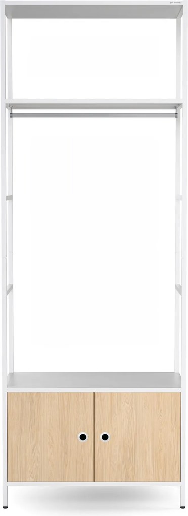 Regał biurowy otwarty z drążkiem na ubrania, do recepcji i poczekalni, metalowy, biały/dąb sonoma, 800x2200x400 mm: ARIEL Eco Design
