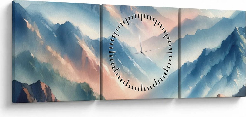 Obraz - Akwarelowe góry (z zegarem) (90x30 cm)