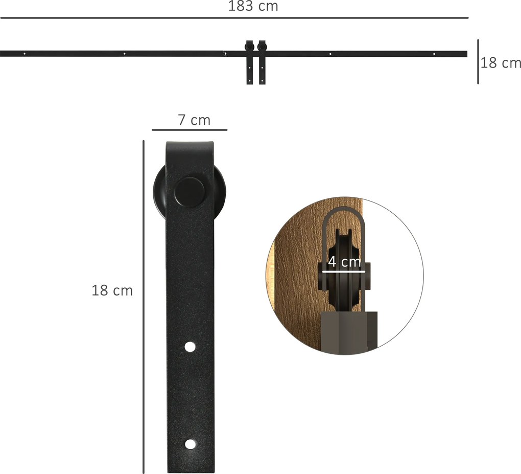 HOMCOM Zestaw do Drzwi Przesuwnych Prowadnica Stal Węglowa Czarna do Drewnianych Drzwi 183x06x18cm | Aosom PL
