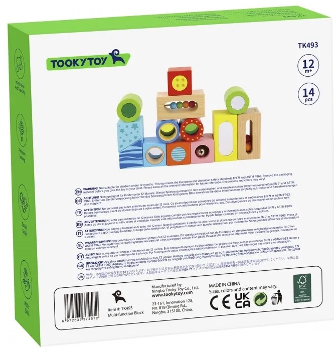 Tooky toy drewniane pudełko klocki sensoryczne układanka multifunkcyjna kształty dźwięk dotyk 12 el.